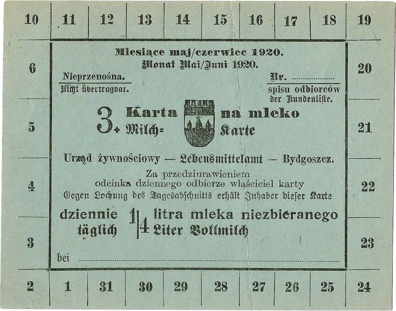 Karta żywnościowa, Bydgoszcz, maj/czerwiec 1920.
 Dwujęzyczna, wym. 12,0 x 9,5 ...