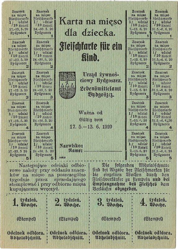 Karta żywnościowa, Bydgoszcz, maj/czerwiec 1920.
 Dwujęzyczna, wym. 10,9 x 15,3...