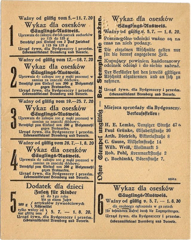 Karta żywnościowa, Bydgoszcz, lipiec 1920.
 Dwujęzyczna, wym. 12,4 x 15,5 cm, k...