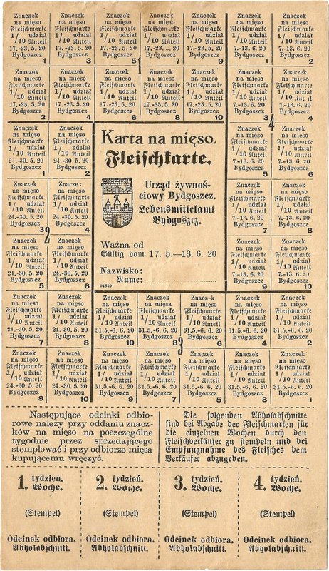 Karta żywnościowa, Bydgoszcz, maj/czerwiec 1920.
 Dwujęzyczna, wym. 11,0 x 19,1...
