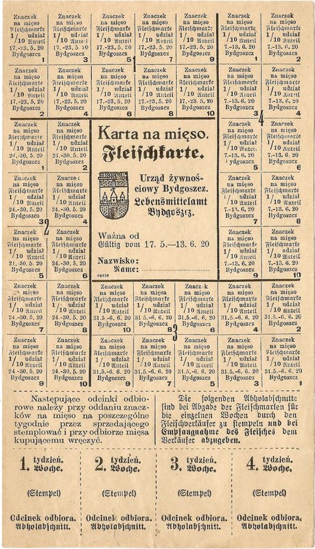 Karta żywnościowa, Bydgoszcz, maj/czerwiec 1920.
 Dwujęzyczna, wym. 10,9 x 19,2...