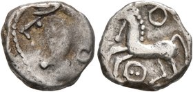 CELTIC, Central Gaul. Aedui. Circa 80-50 BC. Quinarius (Silver, 13 mm, 1.92 g, 6 h), 'à la tête casquée - au torque' type. Helmeted head of Roma to le...