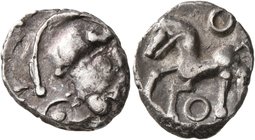 CELTIC, Central Gaul. Aedui. Circa 80-50 BC. Quinarius (Silver, 15 mm, 1.99 g, 11 h), 'à la tête casquée - au torque' type. Helmeted head of Roma to r...