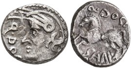 CELTIC, Central Gaul. Sequani. Mid 1st century BC. Quinarius (Silver, 13 mm, 2.00 g, 4 h), Q. Doci and Sam. F. (?). Q•DOC[I] Celticized head of Roma t...