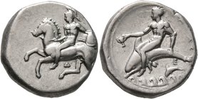 CALABRIA. Tarentum. Circa 344-340 BC. Didrachm or Nomos (Silver, 21 mm, 7.95 g, 7 h). Nude warrior on horseback left, holding bridles in his right han...