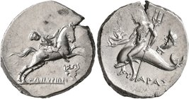 CALABRIA. Tarentum. Circa 240-228 BC. Didrachm or Nomos (Silver, 22 mm, 6.38 g, 10 h). XΩΠYPIΩN Nude youth riding horse galloping to right; below, ΣΩ ...