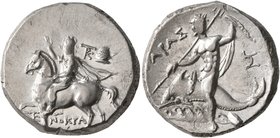 CALABRIA. Tarentum. Circa 240-228 BC. Didrachm or Nomos (Silver, 20 mm, 6.72 g, 4 h). Dioskouros on horseback to left; above, monogram and laureate pi...