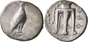 BRUTTIUM. Kroton. Circa 425-350 BC. Didrachm or Nomos (Silver, 22 mm, 7.55 g, 11 h). Eagle, wings closed, standing right on Ionic capital; to right, o...