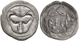 BRUTTIUM. Rhegion. Circa 445-435 BC. Litra (Silver, 13 mm, 0.66 g, 2 h). Lion's mask facing. Rev. RECI within olive wreath. Herzfelder pl. IV, B. SNG ...