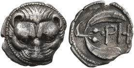 BRUTTIUM. Rhegion. Circa 415/0-387 BC. Litra (Silver, 10 mm, 0.73 g, 3 h). Lion's mask facing. Rev. PH within olive sprig. Herzfelder pl. XI, J. HN It...
