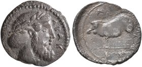 SICILY. Abakainon. Circa 450-440 BC. Litra (Silver, 13 mm, 0.74 g, 5 h). ABAK Laureate head of Zeus to right. Rev. AI/IИ Boar standing left. Bertino p...