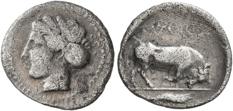 SICILY. Katane. Circa 405-403/2 BC. Litra (Silver, 12 mm, 0.69 g, 10 h). Head of...