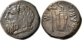 SKYTHIA. Olbia. Circa 310-280 BC. AE (Bronze, 24 mm, 14.54 g, 3 h). Horned head of the river-god Borysthenes to left. Rev. OΛBIO Axe and bow in bowcas...