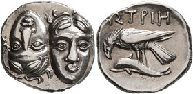 MOESIA. Istros. Circa 313-280 BC. Drachm (Silver, 19 mm, 4.93 g, 6 h). Two facing male heads side by side, one upright and the other inverted. Rev. IΣ...