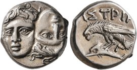 MOESIA. Istros. Circa 256/5-240 BC. Drachm (Silver, 16 mm, 5.72 g, 6 h). Two facing male heads side by side, one upright and the other inverted. Rev. ...