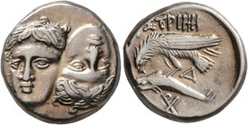 MOESIA. Istros. Circa 256/5-240 BC. Drachm (Silver, 18 mm, 5.68 g, 9 h). Two facing male heads side by side, one upright and the other inverted. Rev. ...