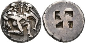 ISLANDS OFF THRACE, Thasos. Circa 463-449 BC. Stater (Silver, 21 mm, 9.05 g). Nude ithyphallic satyr, with long beard and long hair, moving right in '...