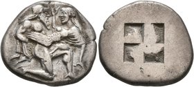 ISLANDS OFF THRACE, Thasos. Circa 463-449 BC. Stater (Silver, 21 mm, 8.40 g). Nude ithyphallic satyr, with long beard and long hair, moving right in '...
