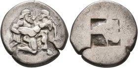 ISLANDS OFF THRACE, Thasos. Circa 463-449 BC. Stater (Silver, 22 mm, 8.38 g). Nude ithyphallic satyr, with long beard and long hair, moving right in '...