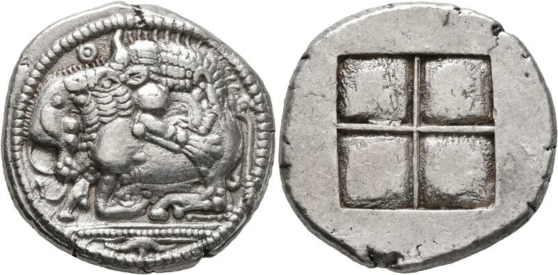 MACEDON. Akanthos. Circa 480-470 BC. Tetradrachm (Silver, 27 mm, 17.48 g). Lion ...