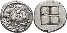 MACEDON. Akanthos. Circa 480-470 BC. Tetradrachm (Silver, 27 mm, 17.48 g). Lion right, attacking a bull collapsing to left with head raised; above, Θ;...