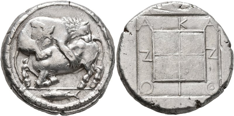 MACEDON. Akanthos. Circa 470-430 BC. Tetradrachm (Silver, 27 mm, 17.24 g, 4 h). ...