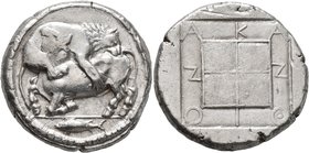 MACEDON. Akanthos. Circa 470-430 BC. Tetradrachm (Silver, 27 mm, 17.24 g, 4 h). Lion right, attacking a bull collapsing to left; in exergue, tunny swi...