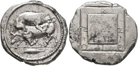 MACEDON. Akanthos. Circa 470-430 BC. Tetradrachm (Silver, 29 mm, 17.24 g, 11 h). Lion right, attacking a bull collapsing to left; in exergue, tunny sw...