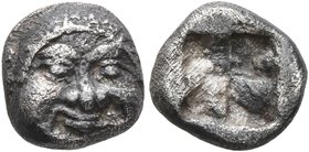 MACEDON. Neapolis. Circa 500-480 BC. Obol (Silver, 9 mm, 0.99 g). Facing gorgoneion. Rev. Rough square incuse. Rosen 381. SNG ANS 423. Somewhat granul...