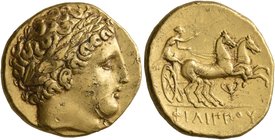 KINGS OF MACEDON. Philip II, 359-336 BC. Stater (Gold, 18 mm, 8.61 g, 4 h), Pella, struck under Philip II or Alexander III, circa 340-328. Laureate he...
