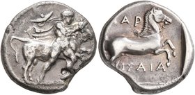 THESSALY. Larissa. Circa 420-400 BC. Drachm (Silver, 18 mm, 5.69 g, 12 h). Thessalos, with petasos and cloak over his shoulders, striding right, holdi...