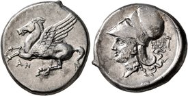 AKARNANIA. Anaktorion. Circa 350-300 BC. Stater (Silver, 21 mm, 8.38 g, 3 h). AN Pegasus flying left. Rev. Head of Athena to left, wearing Corinthian ...