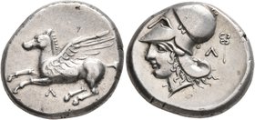 AKARNANIA. Leukas. Circa 350-320 BC. Stater (Silver, 21 mm, 8.61 g, 7 h). Λ Pegasus flying left. Rev. Head of Athena to left, wearing Corinthian helme...