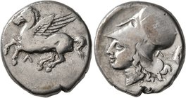 AKARNANIA. Leukas. Circa 320-280 BC. Stater (Silver, 21 mm, 8.44 g, 1 h). Λ Pegasus flying left. Rev. Head of Athena to left, wearing Corinthian helme...