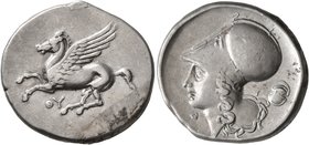 AKARNANIA. Thyrrheion. Circa 320-280 BC. Stater (Silver, 23 mm, 8.38 g, 6 h). ΘY Pegasus flying left. Rev. Head of Athena to left, wearing Corinthian ...