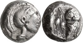 ATTICA. Athens. Circa 500/490-485/0 BC. Tetradrachm (Silver, 20 mm, 17.00 g, 1 h). Head of Athena to right, wearing crested Attic helmet. Rev. [AΘE] O...