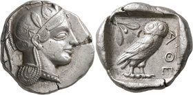 ATTICA. Athens. Circa 440s BC. Tetradrachm (Silver, 25 mm, 17.21 g, 11 h). Head of Athena to right, wearing crested Attic helmet decorated with three ...
