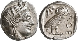 ATTICA. Athens. 430. Tetradrachm (Silver, 24 mm, 17.24 g, 4 h). Head of Athena to right, wearing crested Attic helmet decorated with three olive leave...