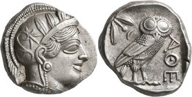 ATTICA. Athens. Circa 430s BC. Tetradrachm (Silver, 25 mm, 17.30 g, 4 h). Head of Athena to right, wearing crested Attic helmet decorated with three o...