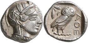 ATTICA. Athens. Circa 430s BC. Tetradrachm (Silver, 25 mm, 17.25 g, 7 h). Head of Athena to right, wearing crested Attic helmet decorated with three o...