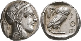 ATTICA. Athens. Circa 430s BC. Tetradrachm (Silver, 24 mm, 17.20 g, 1 h). Head of Athena to right, wearing crested Attic helmet decorated with three o...