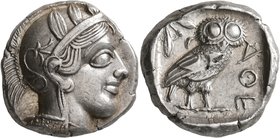 ATTICA. Athens. Circa 430s BC. Tetradrachm (Silver, 23 mm, 17.24 g, 7 h). Head of Athena to right, wearing crested Attic helmet decorated with three o...