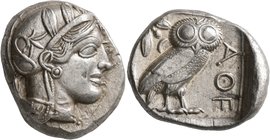 ATTICA. Athens. Circa 430s BC. Tetradrachm (Silver, 25 mm, 17.21 g, 10 h). Head of Athena to right, wearing crested Attic helmet decorated with three ...