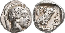ATTICA. Athens. Circa 430s BC. Tetradrachm (Silver, 23 mm, 17.21 g, 10 h). Head of Athena to right, wrearing crested Attic helmet decorated with three...