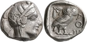 ATTICA. Athens. Circa 430s BC. Tetradrachm (Silver, 24 mm, 17.20 g, 1 h). Head of Athena to right, wearing crested Attic helmet decorated with three o...