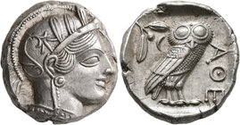 ATTICA. Athens. Circa 430s-420s BC. Tetradrachm (Silver, 24 mm, 17.24 g, 7 h). Head of Athena to right, wearing crested Attic helmet decorated with th...