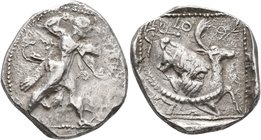 CYPRUS. Kition. Baalmelek II, circa 425-400 BC. Stater (Silver, 25 mm, 10.06 g, 2 h). Herakles in fighting stance to right, wearing lion skin, holding...