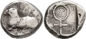 CYPRUS. Salamis. Uncertain kings, circa 480-460 BC. Stater (Silver, 21 mm, 11.08 g, 7 h). Ram recumbent left; unclear letters around ('pa-si-le-wo-se'...