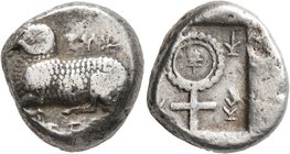 CYPRUS. Salamis. Uncertain kings, circa 480-460 BC. Stater (Silver, 19 mm, 11.13 g, 7 h). Ram recumbent left; unclear letters around ('pa-si-le-wo-se'...