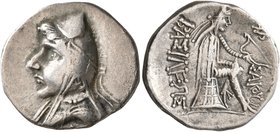 KINGS OF PARTHIA. Phriapatios to Mithradates I, circa 185-132 BC. Drachm (Silver, 18 mm, 3.73 g, 12 h), Hekatompylos. Draped bust to left, wearing bas...